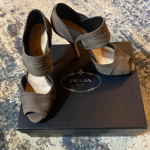 Prada Suede Leather Brown High Heel Peep-Toe Shoes - Picture 1 of 13